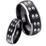 Bride and Groom Deer Tracks Dome Brushed Black 2 Tone Tungsten Men's Ring Set