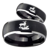 His Hers Deer Hunting Dome Brushed Black 2 Tone Tungsten Mens Ring Engraved Set