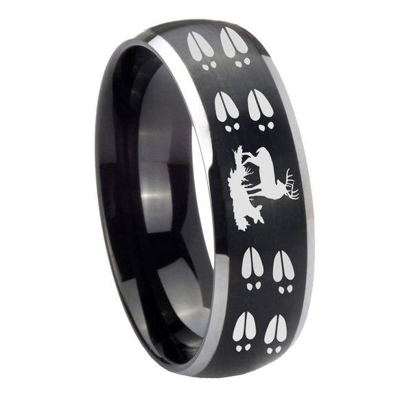 8mm Deer Hunting Tracks Dome Brushed Black 2 Tone Tungsten Engraved Ring