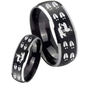 His Hers Deer Hunting Tracks Dome Brushed Black 2 Tone Tungsten Mens Ring Set