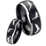 His Hers Dolphins Dome Brushed Black 2 Tone Tungsten Mens Wedding Band Set