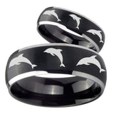 His Hers Dolphins Dome Brushed Black 2 Tone Tungsten Mens Wedding Band Set