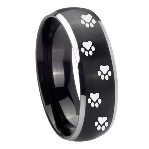 8mm Paw Print Dome Brushed Black 2 Tone Tungsten Carbide Men's Band Ring