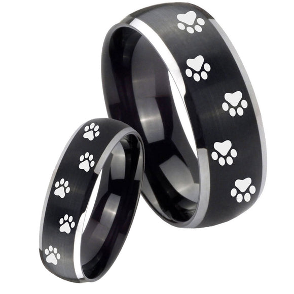 His Hers Paw Print Dome Brushed Black 2 Tone Tungsten Men's Wedding Band Set