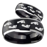 His Hers Foot Print Dome Brushed Black 2 Tone Tungsten Men's Wedding Ring Set