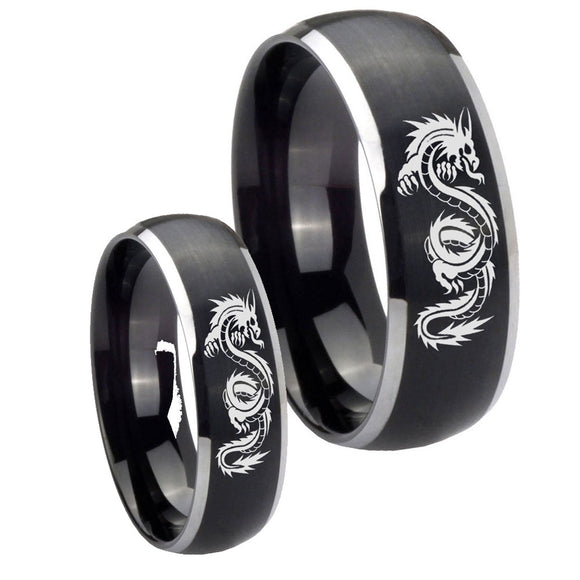 His and Hers Dragon Dome Brushed Black 2 Tone Tungsten Wedding Band Mens Set