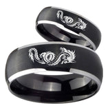 His and Hers Dragon Dome Brushed Black 2 Tone Tungsten Wedding Band Mens Set