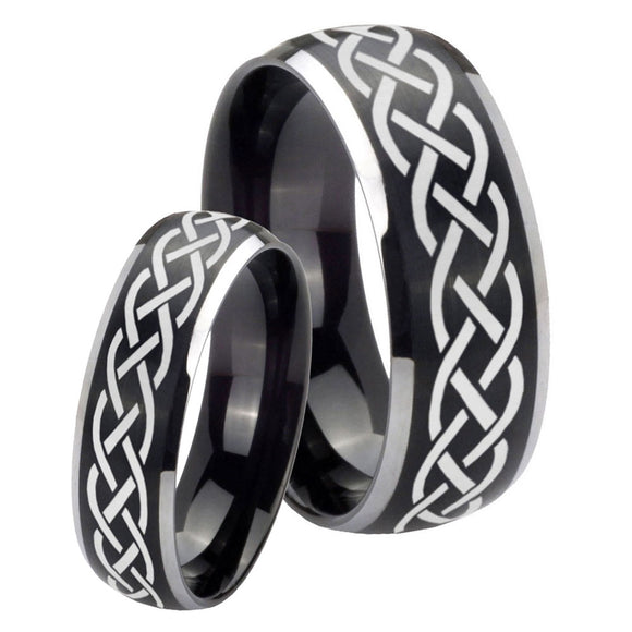 His Hers Celtic Knot Dome Brushed Black 2 Tone Tungsten Engraved Ring Set