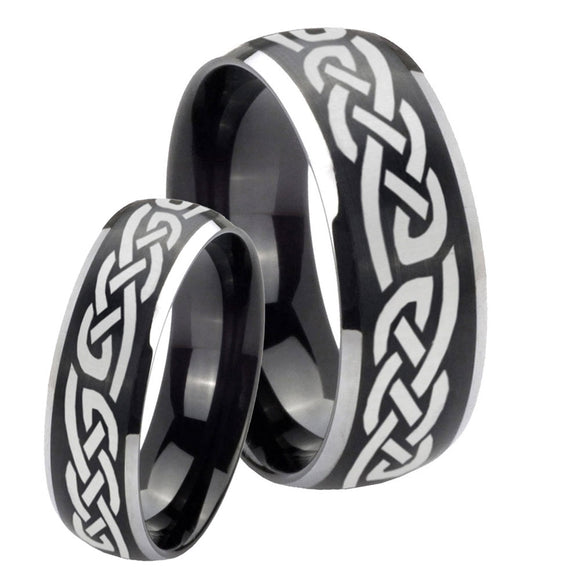 His Hers Celtic Knot Infinity Love Dome Brushed Black 2 Tone Tungsten Engraved Ring Set