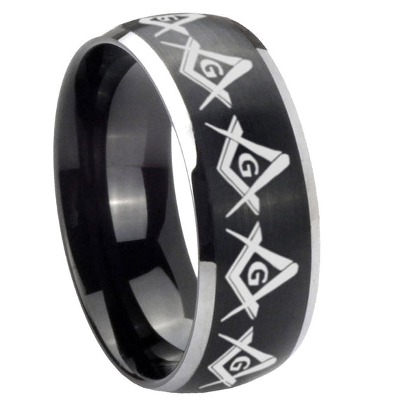 8mm Masonic Square and Compass Dome Brushed Black 2 Tone Tungsten Custom Mens Ring