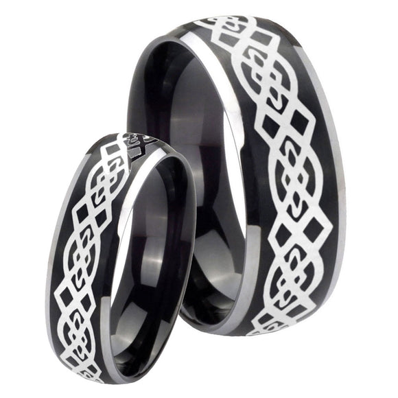 His Hers Celtic Knot Dome Brushed Black 2 Tone Tungsten Mens Engagement Band Set