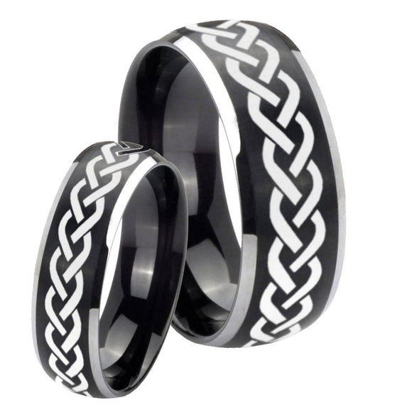 His Hers Laser Celtic Knot Dome Brushed Black 2 Tone Tungsten Engraved Ring Set