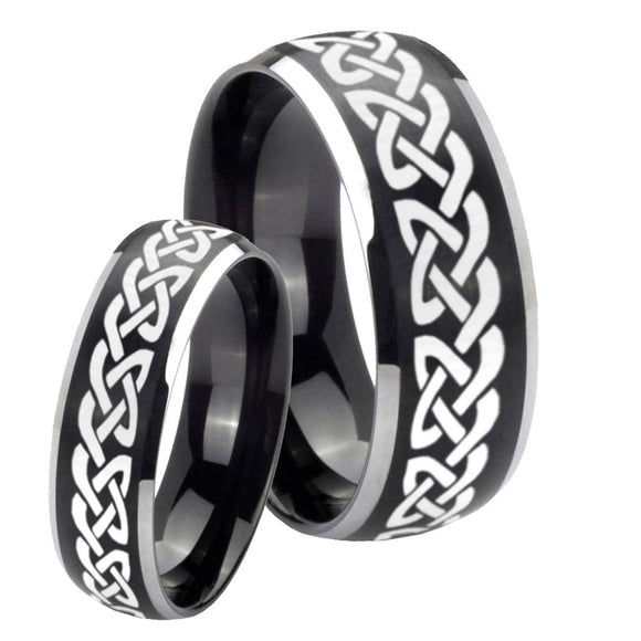 His Hers Celtic Knot Love Dome Brushed Black 2 Tone Tungsten Engraved Ring Set