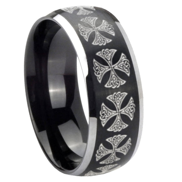 8mm Medieval Cross Dome Brushed Black 2 Tone Tungsten Custom Mens Ring