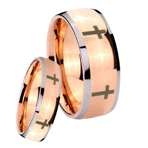 Bride and Groom Crosses Dome Rose Gold Tungsten Carbide Men's Bands Ring Set