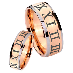 Bride and Groom Roman Numeral Dome Rose Gold Tungsten Carbide Engraved Ring Set