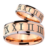 Bride and Groom Roman Numeral Dome Rose Gold Tungsten Carbide Engraved Ring Set