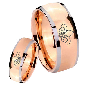 Bride and Groom Fleur De Lis Dome Rose Gold Tungsten Engraved Ring Set