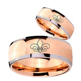 Bride and Groom Fleur De Lis Dome Rose Gold Tungsten Engraved Ring Set