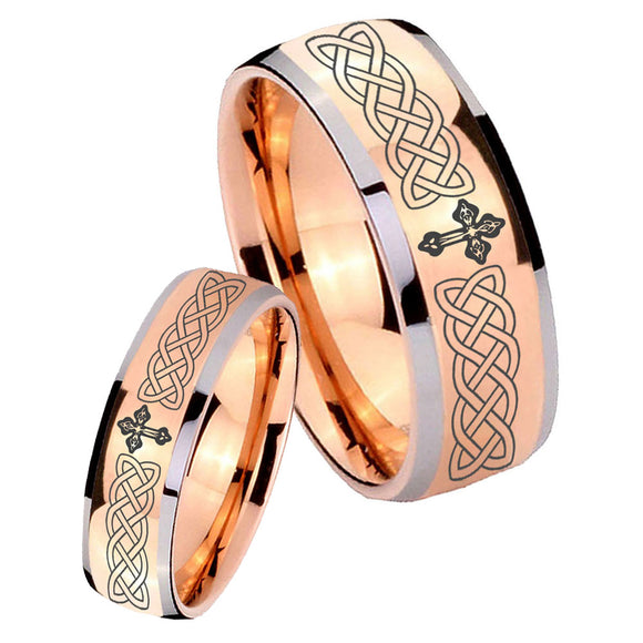 Bride and Groom Celtic Cross Dome Rose Gold Tungsten Mens Ring Engraved Set