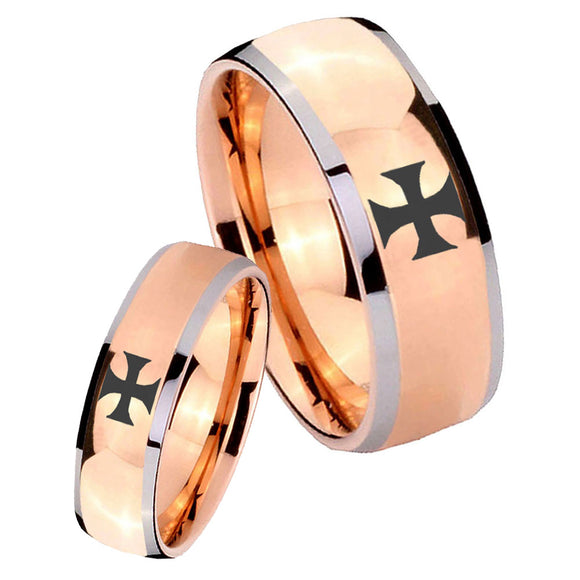 His and Hers Maltese Cross Dome Rose Gold Tungsten Mens Anniversary Ring Set