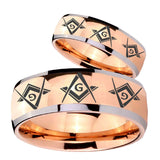 His Hers Master Mason Masonic  Dome Rose Gold Tungsten Custom Mens Ring Set