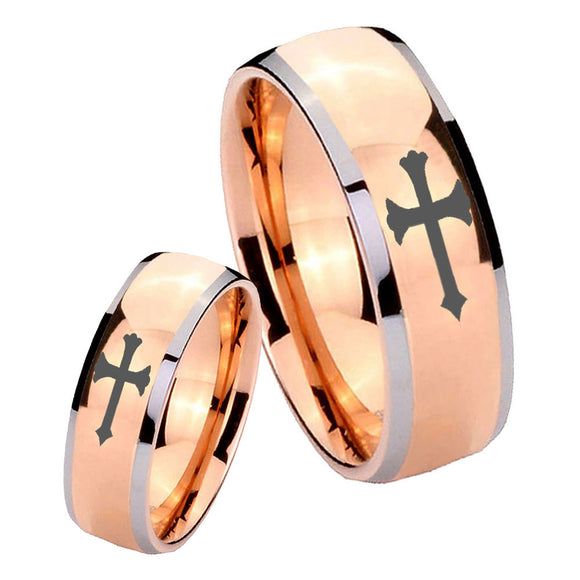 His Hers Christian Cross Dome Rose Gold Tungsten Mens Engagement Band Set