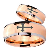 His Hers Christian Cross Dome Rose Gold Tungsten Mens Engagement Band Set