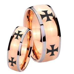 His and Hers 4 Maltese Cross Dome Rose Gold Tungsten Mens Wedding Band Set