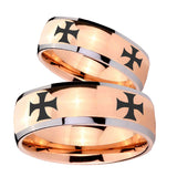 His and Hers 4 Maltese Cross Dome Rose Gold Tungsten Mens Wedding Band Set
