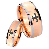 Bride and Groom Fleur De Lis Dome Rose Gold Tungsten Mens Wedding Band Set