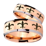 His Hers Multiple Fleur De Lis Dome Rose Gold Tungsten Mens Bands Ring Set