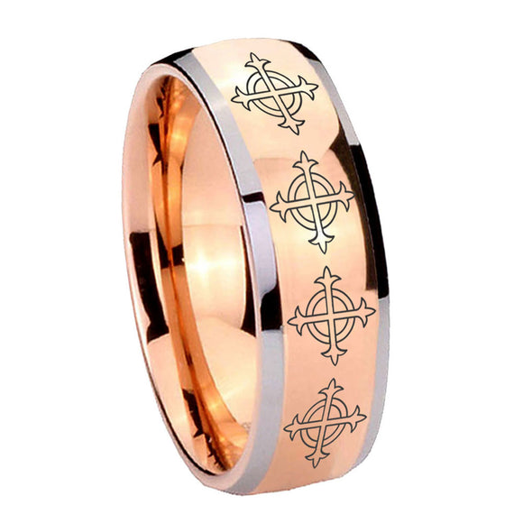 8mm Multiple Crosses Dome Rose Gold Tungsten Carbide Mens Anniversary Ring