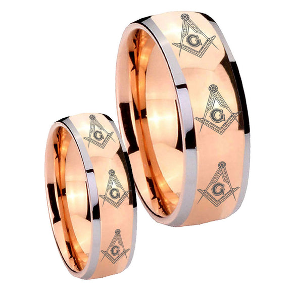 His Hers Multiple Master Mason Masonic Dome Rose Gold Tungsten Mens Ring Set