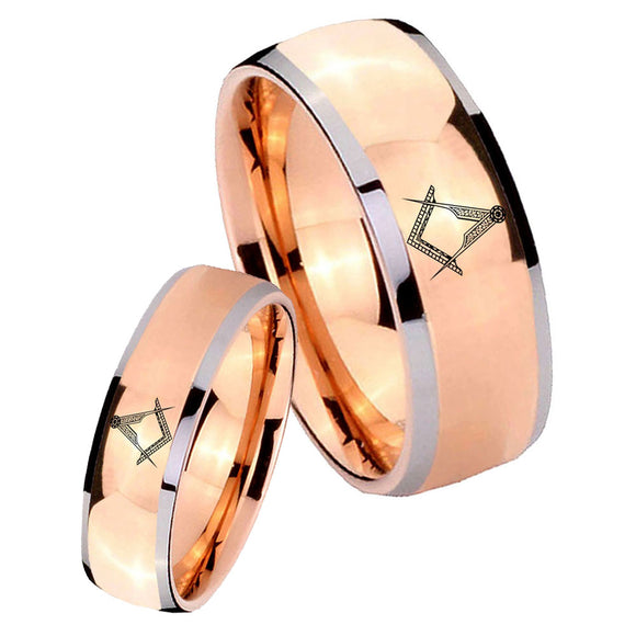 Bride and Groom Masonic Dome Rose Gold Tungsten Carbide Wedding Bands Ring Set