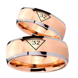 Bride and Groom Masonic 32 Triangle Freemason Dome Rose Gold Tungsten Carbide Men's Bands Ring Set