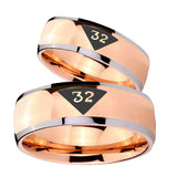 Bride and Groom Masonic 32 Triangle Design Freemason Dome Rose Gold Tungsten Carbide Men's Bands Ring Set
