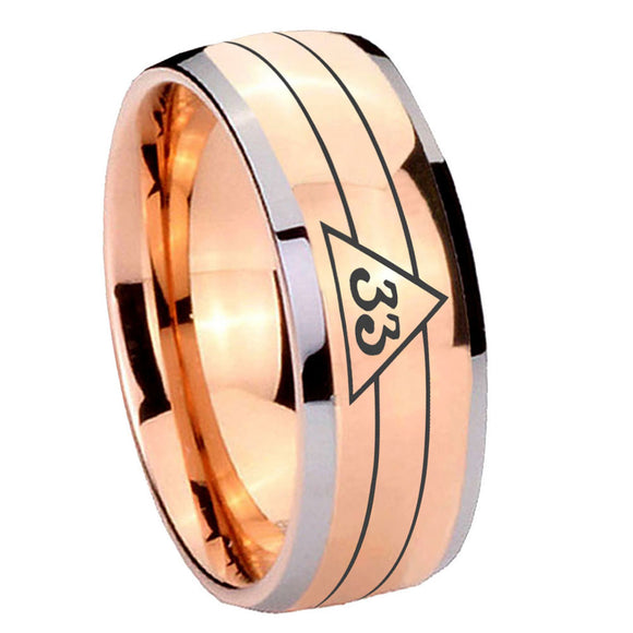 8mm Masonic 32 Duo Line Freemason Dome Rose Gold Tungsten Carbide Mens Anniversary Ring