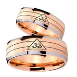Bride and Groom Masonic 32 Duo Line Freemason Dome Rose Gold Tungsten Carbide Men's Bands Ring Set