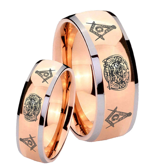 His Hers Masonic 32 Design Dome Rose Gold Tungsten Mens Ring Personalized Set