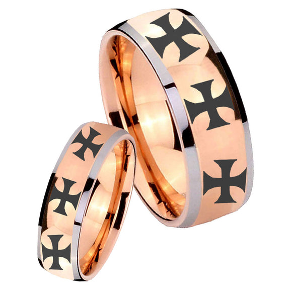 His Hers Multiple Maltese Cross Dome Rose Gold Tungsten Men's Band Set