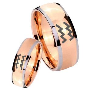 His Hers Aquarius Horoscope Dome Rose Gold Tungsten Wedding Engagement Ring Set