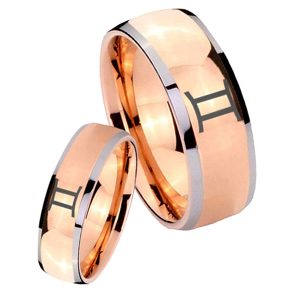 Bride and Groom Gemini Zodiac Dome Rose Gold Tungsten Custom Mens Ring Set