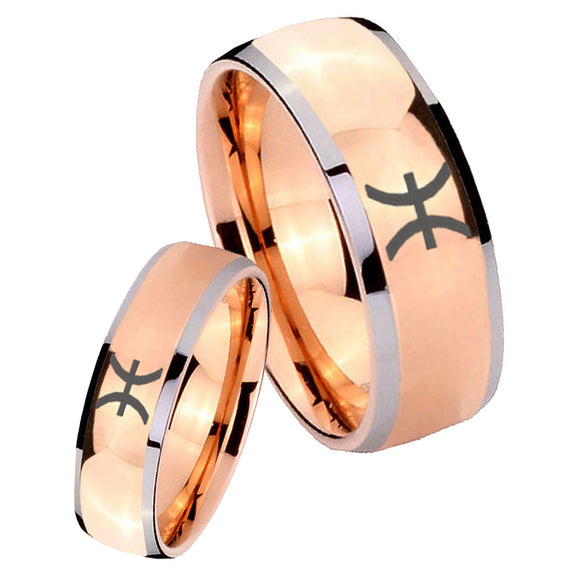 Bride and Groom Pisces Zodiac Dome Rose Gold Tungsten Carbide Engraved Ring Set