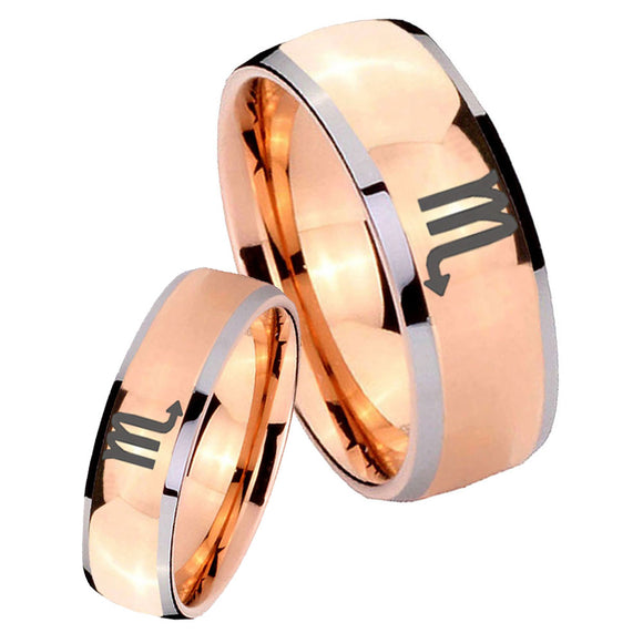 Bride and Groom Scorpio Horoscope Dome Rose Gold Tungsten Men's Band Ring Set