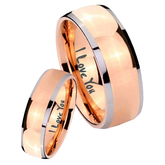 Bride and Groom I Love You Dome Rose Gold Tungsten Wedding Engraving Ring Set