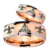 His Hers Celtic Triangle Fleur De Lis Dome Rose Gold Tungsten Men Band Set