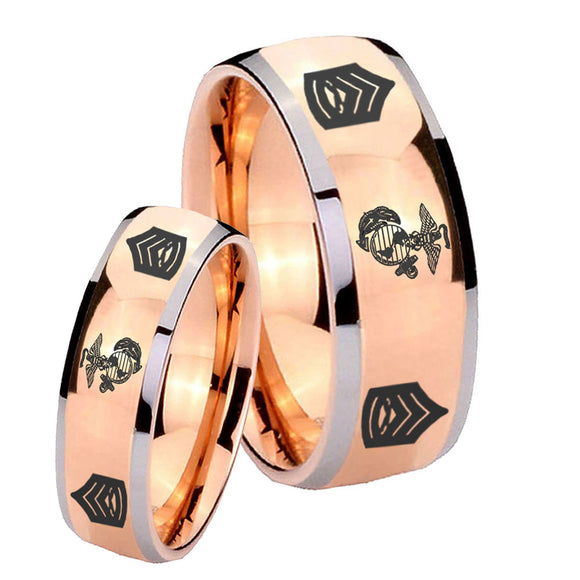 His and Hers Marine Army Sergeant Dome Rose Gold Tungsten Mens Anniversary Ring Set