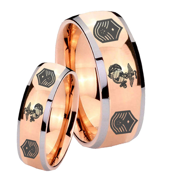 His Hers Marine Chief Master Sergeant  Dome Rose Gold Tungsten Custom Mens Ring Set
