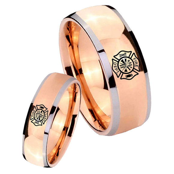His Hers Fire Department Dome Rose Gold Tungsten Mens Engagement Ring Set